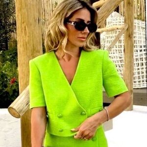 Zara, Cropped Textured Blazer, Size Small, Lime Green